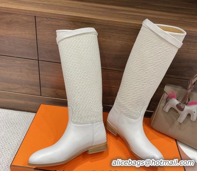 Stylish Hermes Kelly High Boots in Kint and Leather White 110432