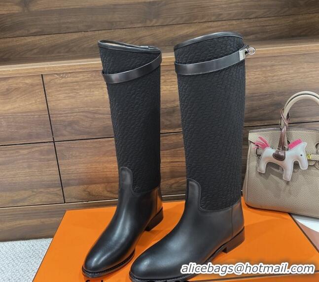 Grade Quality Hermes Kelly High Boots in Kint and Leather Black 110433