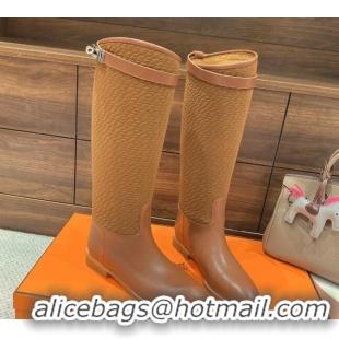 Best Grade Hermes Kelly High Boots in Kint and Leather Brown 110434