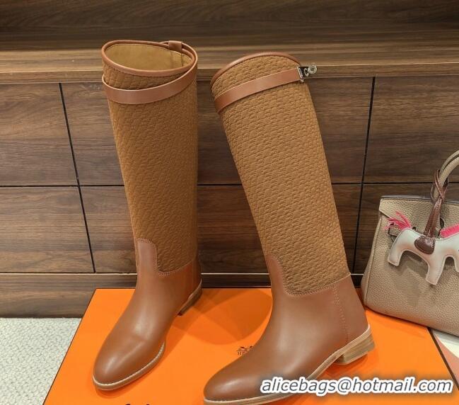 Best Grade Hermes Kelly High Boots in Kint and Leather Brown 110434