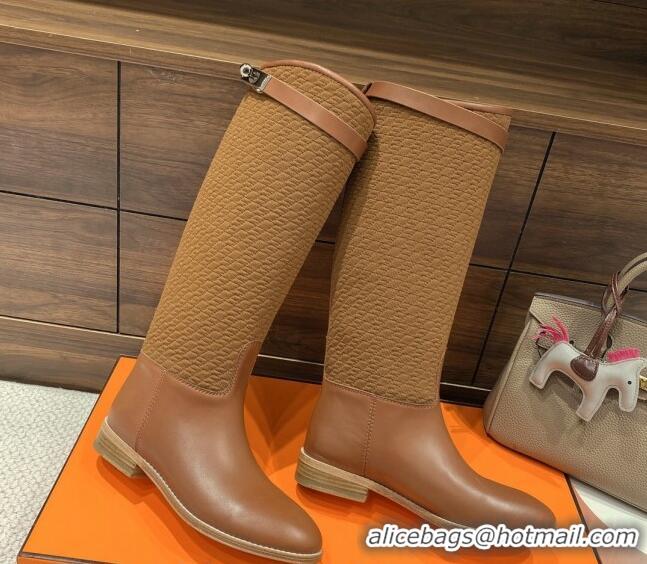 Best Grade Hermes Kelly High Boots in Kint and Leather Brown 110434