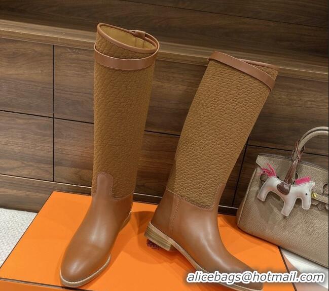 Best Grade Hermes Kelly High Boots in Kint and Leather Brown 110434