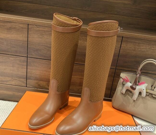 Best Grade Hermes Kelly High Boots in Kint and Leather Brown 110434