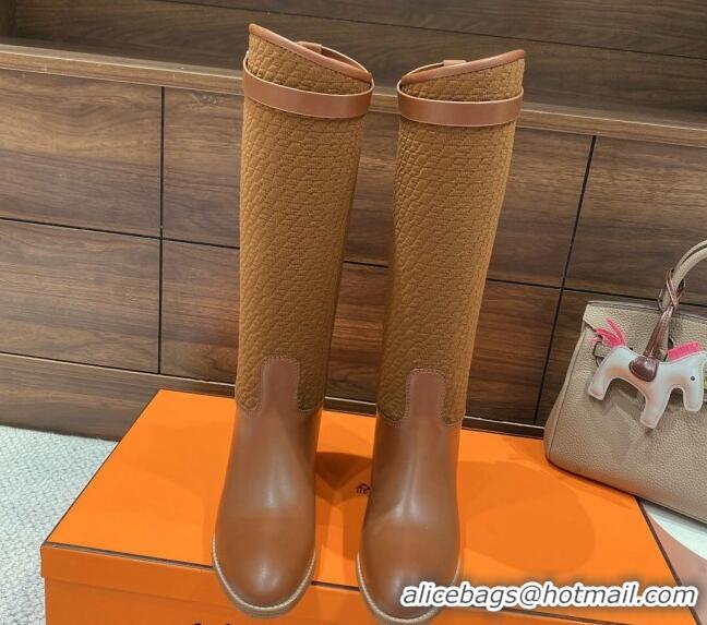 Best Grade Hermes Kelly High Boots in Kint and Leather Brown 110434