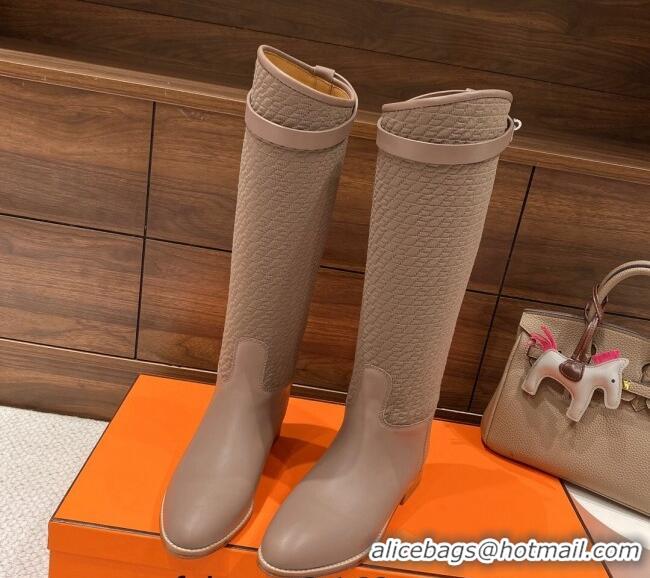 Sumptuous Hermes Kelly High Boots in Kint and Leather Taupe 110436