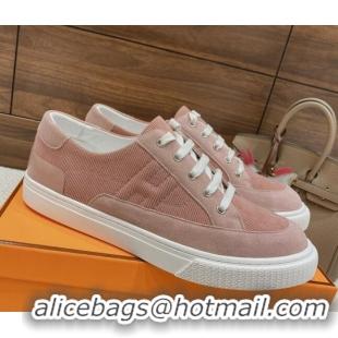 Stylish Hermes Deep Sneakers Ribbed Fabric and Suede Pink 110437