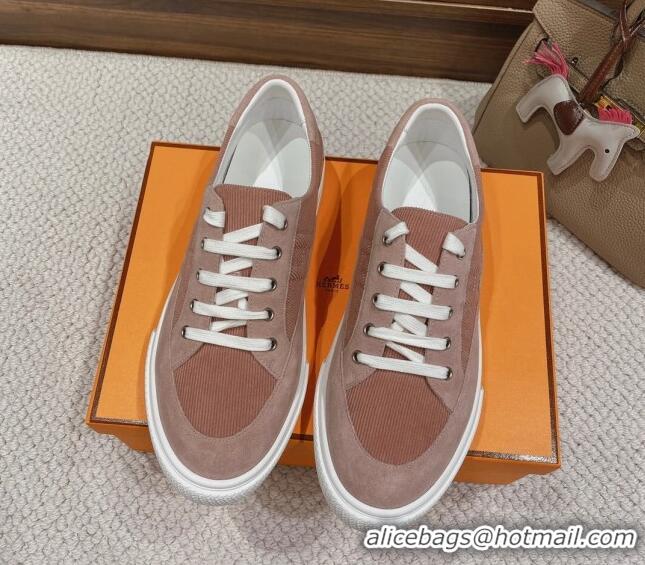 Stylish Hermes Deep Sneakers Ribbed Fabric and Suede Pink 110437