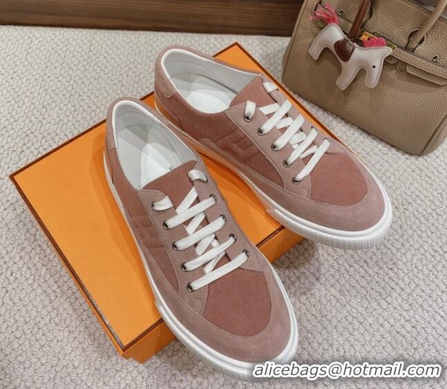 Stylish Hermes Deep Sneakers Ribbed Fabric and Suede Pink 110437