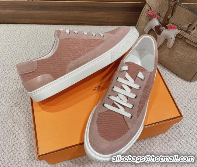 Stylish Hermes Deep Sneakers Ribbed Fabric and Suede Pink 110437