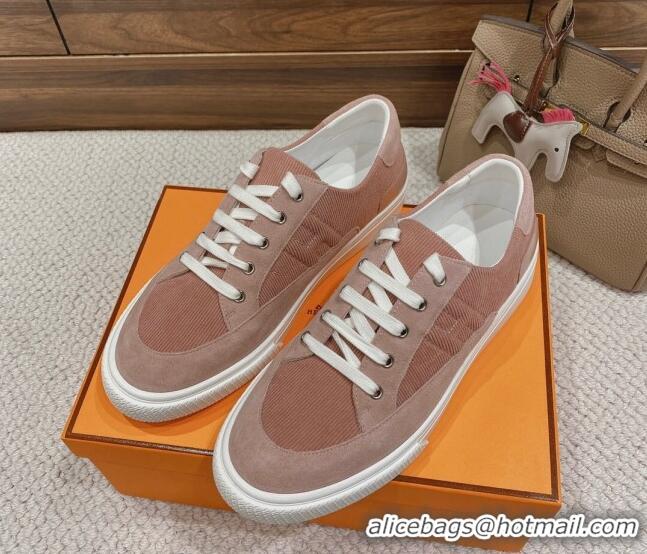 Stylish Hermes Deep Sneakers Ribbed Fabric and Suede Pink 110437