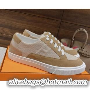 Duplicate Hermes Deep Sneakers Ribbed Fabric and Suede Light Brown 110440