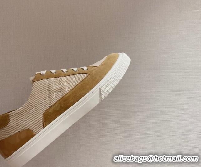 Duplicate Hermes Deep Sneakers Ribbed Fabric and Suede Light Brown 110440