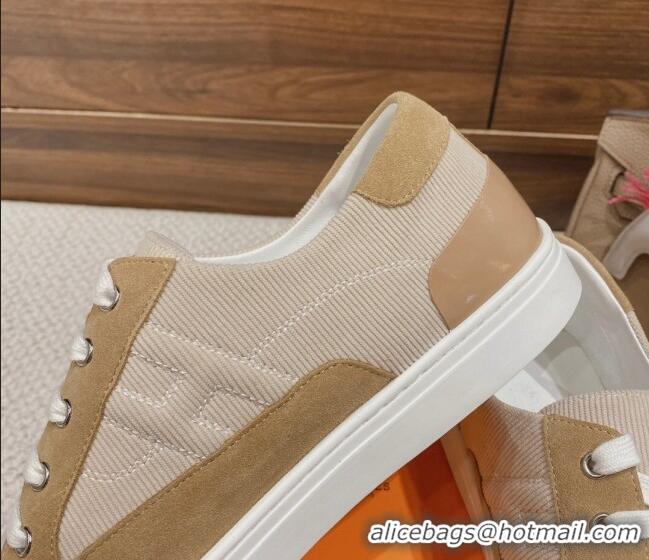 Duplicate Hermes Deep Sneakers Ribbed Fabric and Suede Light Brown 110440