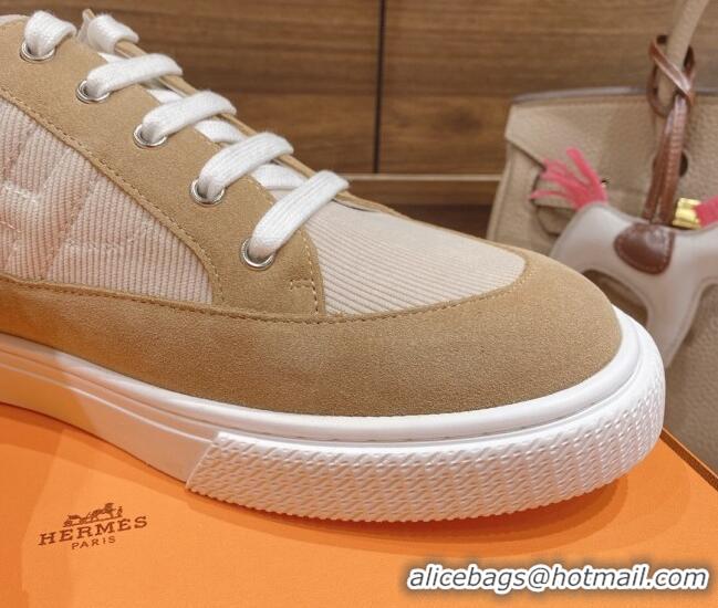 Duplicate Hermes Deep Sneakers Ribbed Fabric and Suede Light Brown 110440