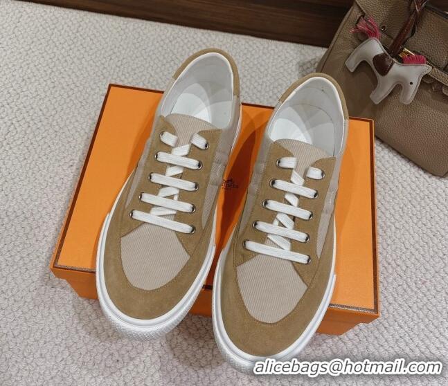 Duplicate Hermes Deep Sneakers Ribbed Fabric and Suede Light Brown 110440