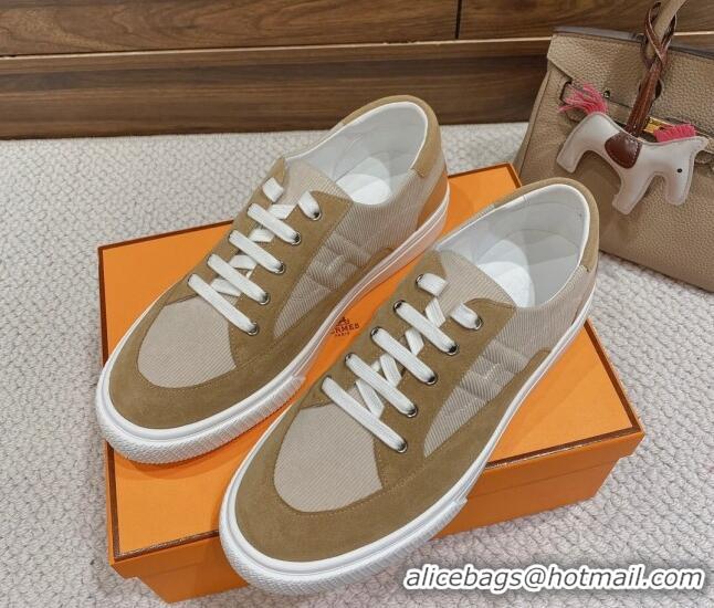 Duplicate Hermes Deep Sneakers Ribbed Fabric and Suede Light Brown 110440