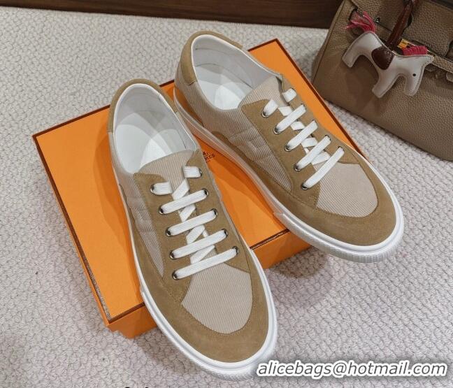 Duplicate Hermes Deep Sneakers Ribbed Fabric and Suede Light Brown 110440