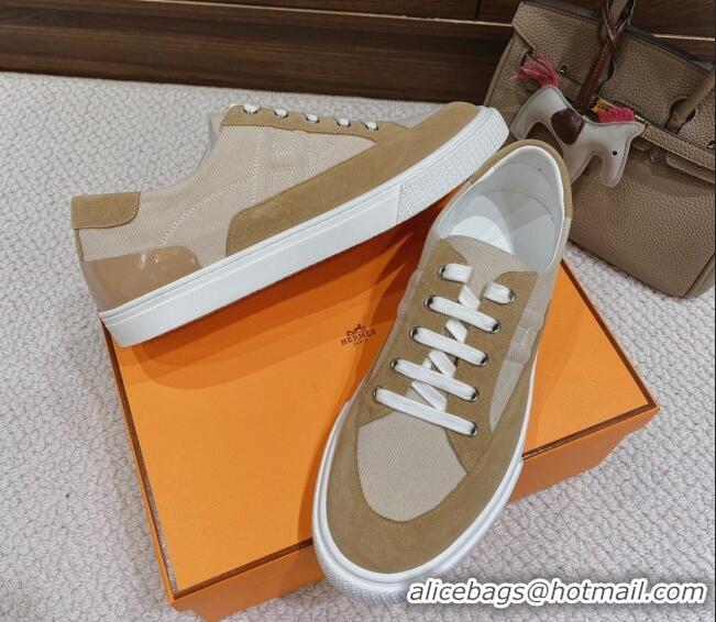 Duplicate Hermes Deep Sneakers Ribbed Fabric and Suede Light Brown 110440