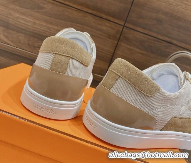 Duplicate Hermes Deep Sneakers Ribbed Fabric and Suede Light Brown 110440