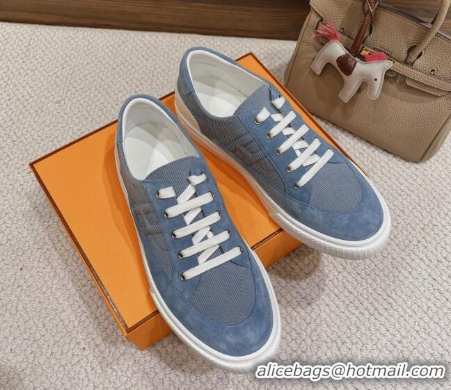 Stylish Hermes Deep Sneakers Ribbed Fabric and Suede Blue 110441