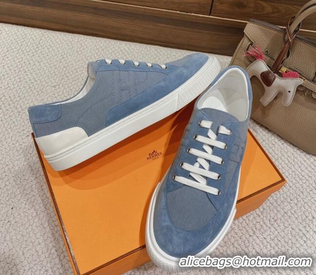 Stylish Hermes Deep Sneakers Ribbed Fabric and Suede Blue 110441