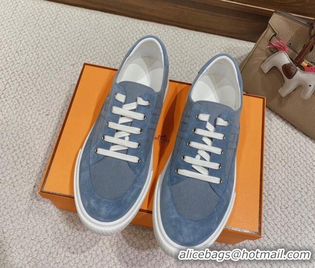 Stylish Hermes Deep Sneakers Ribbed Fabric and Suede Blue 110441