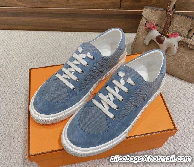 Stylish Hermes Deep Sneakers Ribbed Fabric and Suede Blue 110441