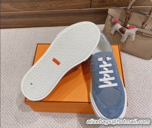 Stylish Hermes Deep Sneakers Ribbed Fabric and Suede Blue 110441