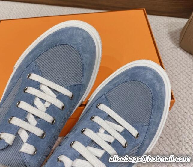 Stylish Hermes Deep Sneakers Ribbed Fabric and Suede Blue 110441