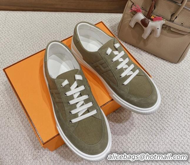 Unique Style Hermes Deep Sneakers Ribbed Fabric and Suede Grey 110442