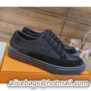 Charming Hermes Deep Sneakers Ribbed Fabric and Suede Black 110443