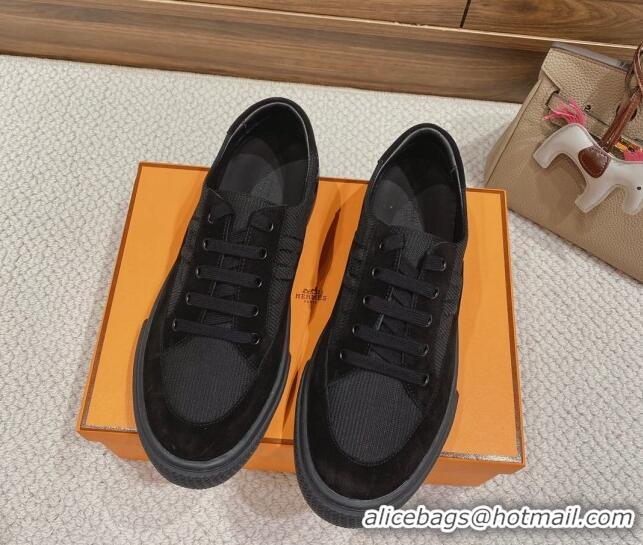 Charming Hermes Deep Sneakers Ribbed Fabric and Suede Black 110443