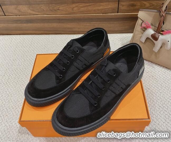 Charming Hermes Deep Sneakers Ribbed Fabric and Suede Black 110443