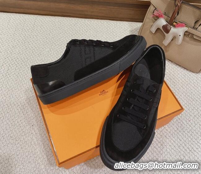 Charming Hermes Deep Sneakers Ribbed Fabric and Suede Black 110443