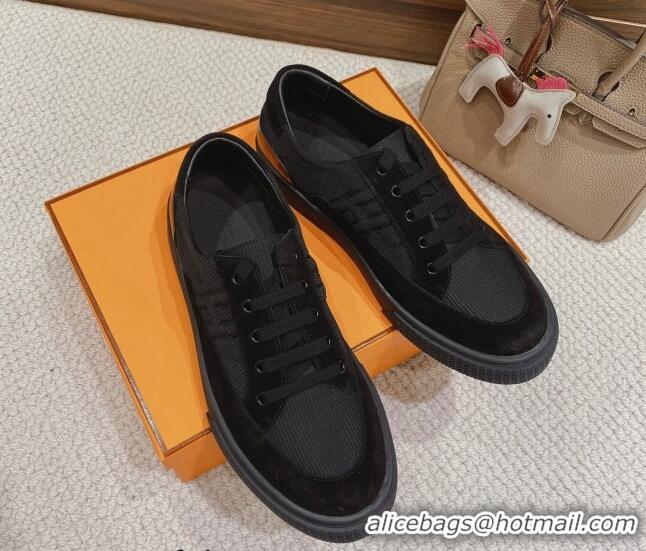 Charming Hermes Deep Sneakers Ribbed Fabric and Suede Black 110443