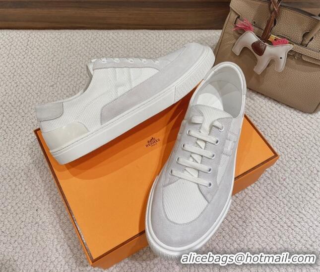 Shop Duplicate Hermes Deep Sneakers Ribbed Fabric and Suede Light Grey 110444