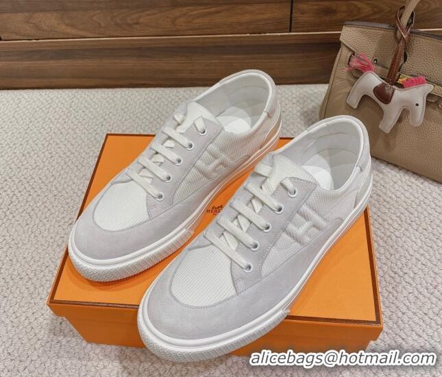 Shop Duplicate Hermes Deep Sneakers Ribbed Fabric and Suede Light Grey 110444