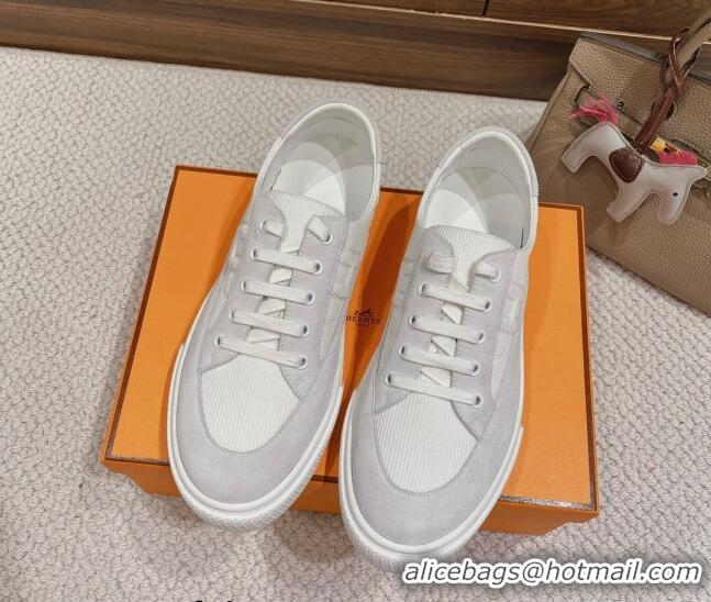 Shop Duplicate Hermes Deep Sneakers Ribbed Fabric and Suede Light Grey 110444