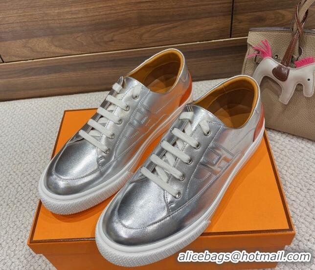 Luxury Hermes Deep Sneakers in Smooth Leather Silver 110448