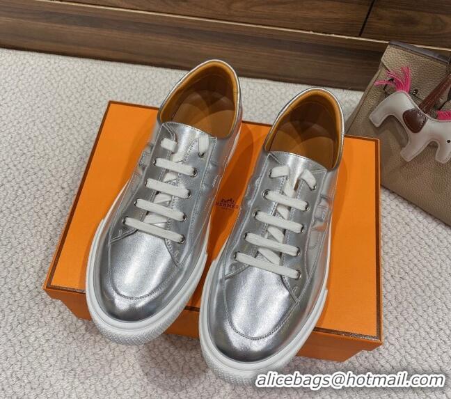 Luxury Hermes Deep Sneakers in Smooth Leather Silver 110448