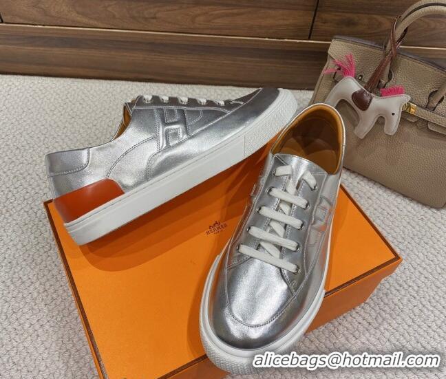 Luxury Hermes Deep Sneakers in Smooth Leather Silver 110448