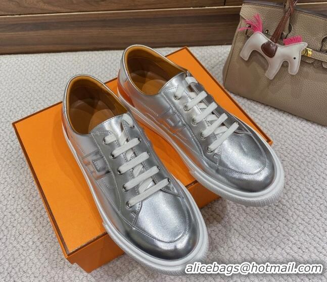 Luxury Hermes Deep Sneakers in Smooth Leather Silver 110448