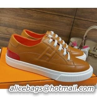 Sophisticated Hermes Deep Sneakers in Smooth Leather Brown/Red 110449