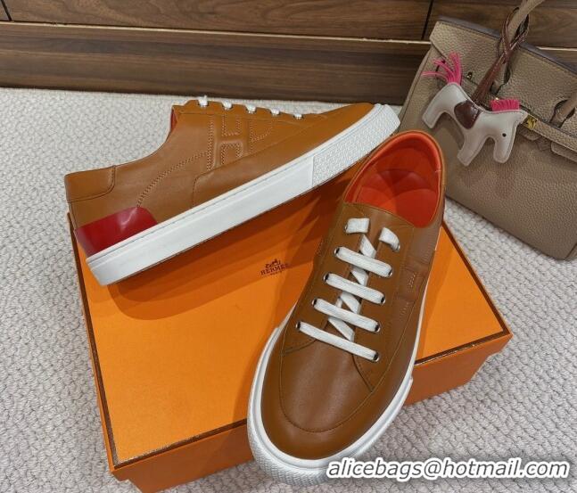 Sophisticated Hermes Deep Sneakers in Smooth Leather Brown/Red 110449