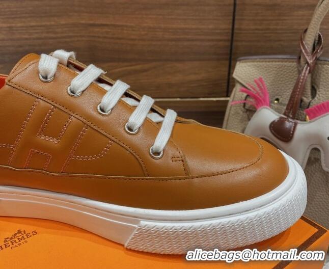 Sophisticated Hermes Deep Sneakers in Smooth Leather Brown/Red 110449