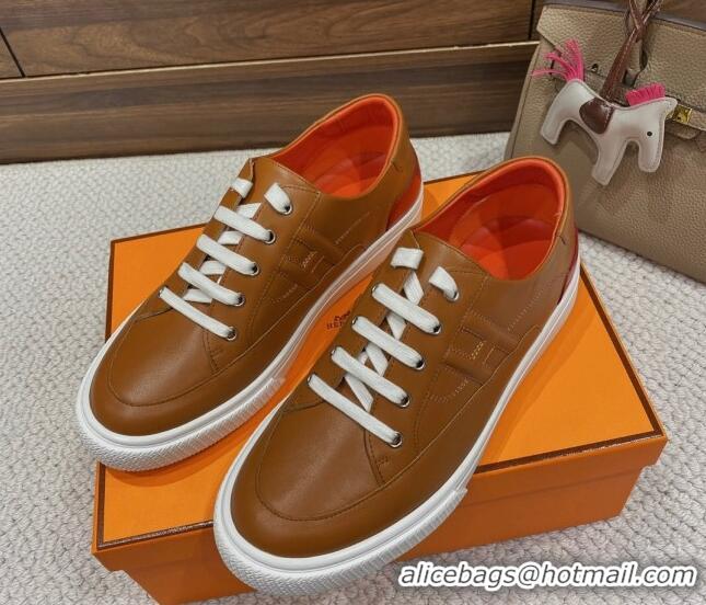 Sophisticated Hermes Deep Sneakers in Smooth Leather Brown/Red 110449