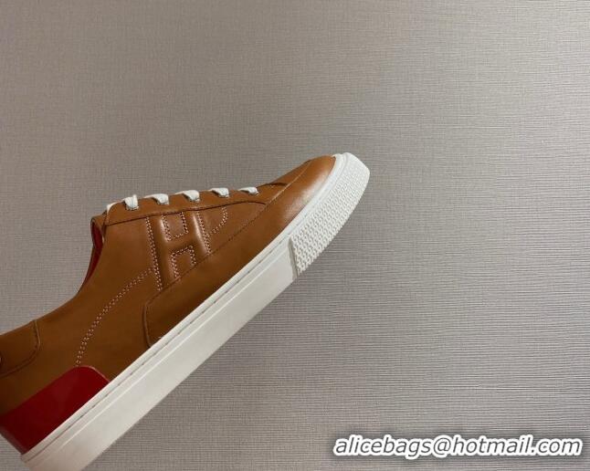 Sophisticated Hermes Deep Sneakers in Smooth Leather Brown/Red 110449