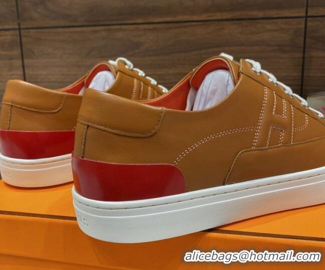 Sophisticated Hermes Deep Sneakers in Smooth Leather Brown/Red 110449