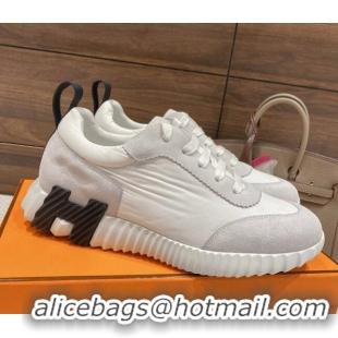 Stylish Hermes Bouncing Sneakers in Parachute Fabric and Suede White 2110452