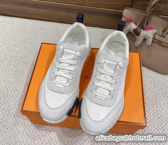 Stylish Hermes Bouncing Sneakers in Parachute Fabric and Suede White 2110452